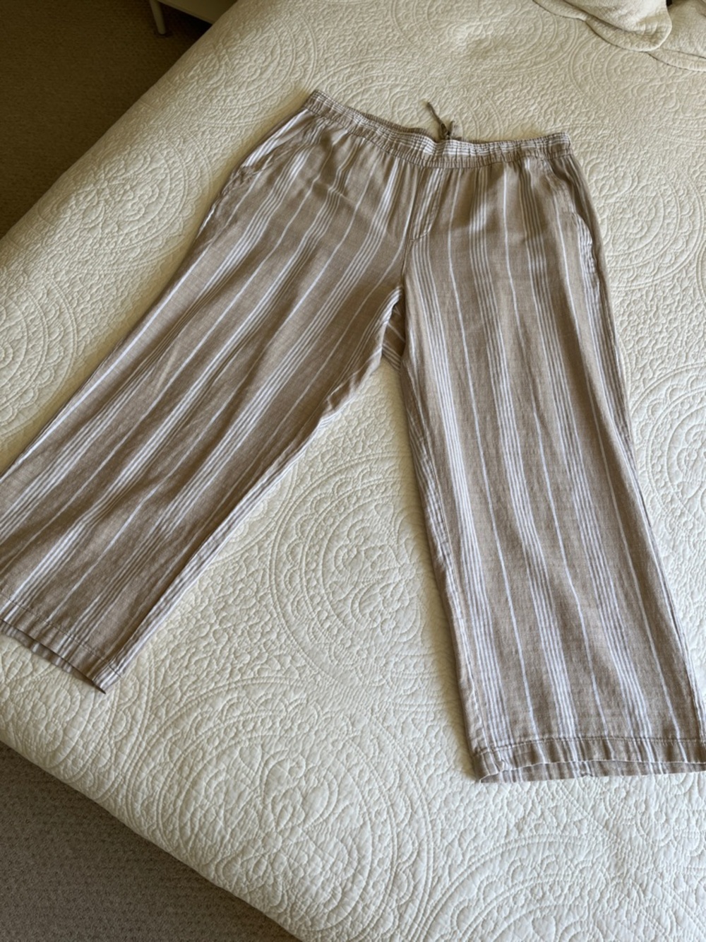 Linen Cotton Wide Leg High Rise Striped Pants Pull On Women's XL Tan Beachy - Picture 4 of 16